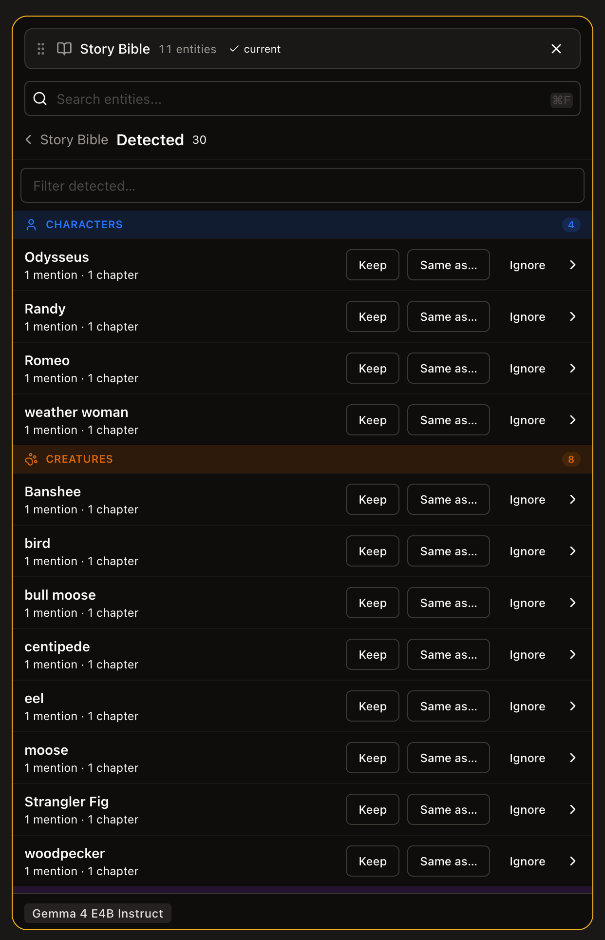 Detected shelf with per-type sections and Keep / Same as… / Ignore actions