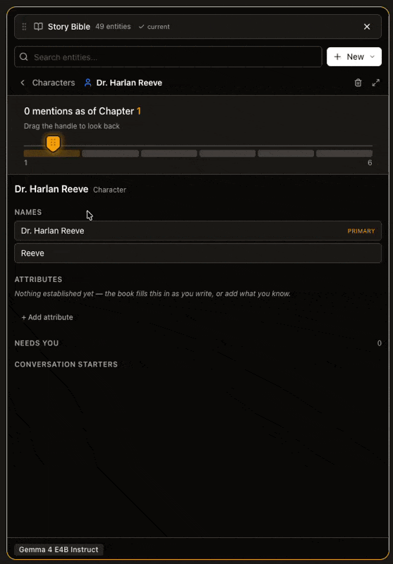 A character page: rows grouped by what lasts, each citing the line it came from