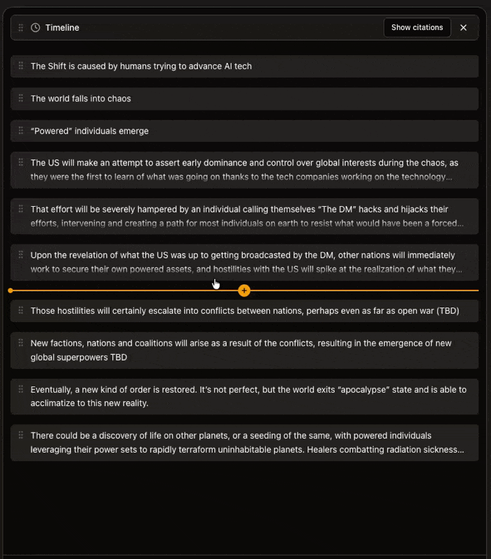 The Timeline panel: outline bullets as cards and trays, in your order
